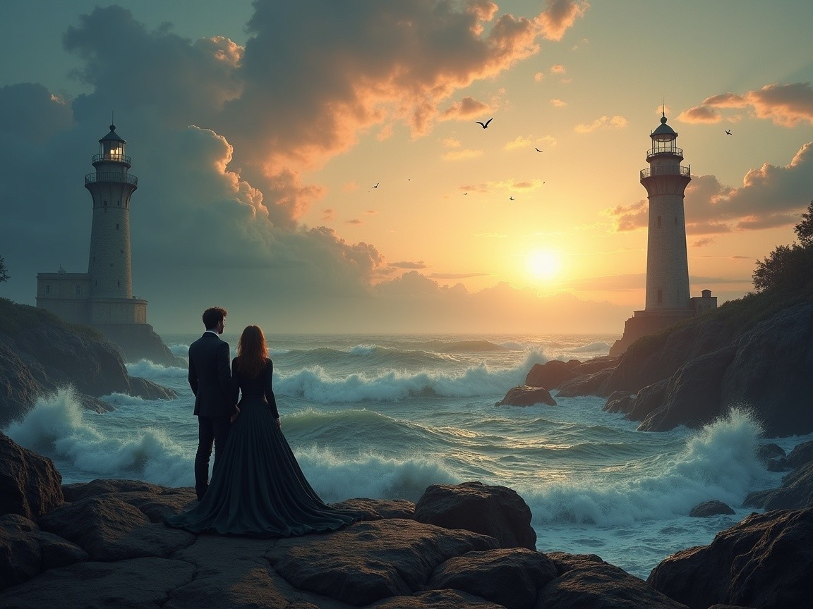 Couple on Rocky Shoreline at Sunset with Lighthouses