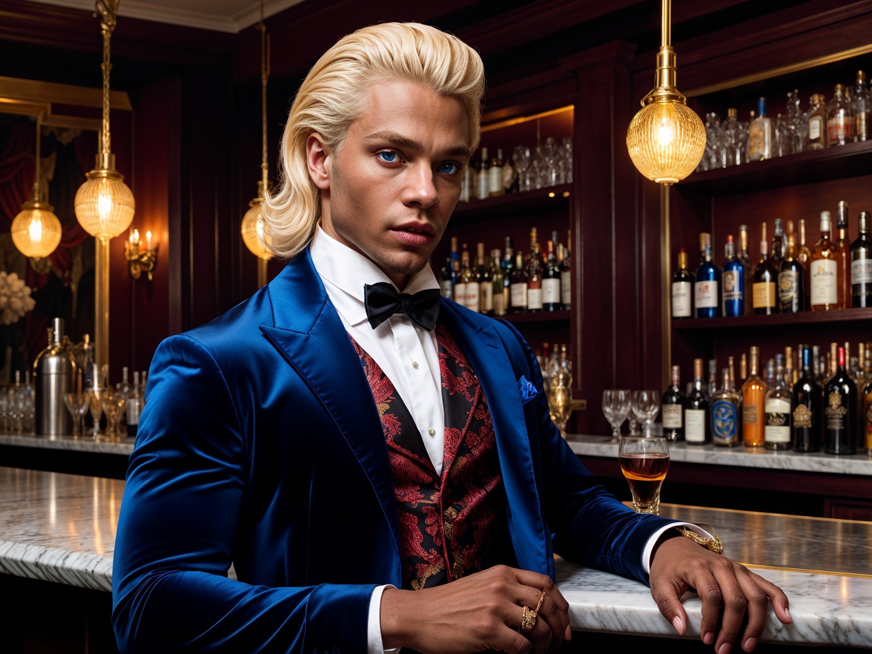Young man in blue velvet tuxedo at upscale bar