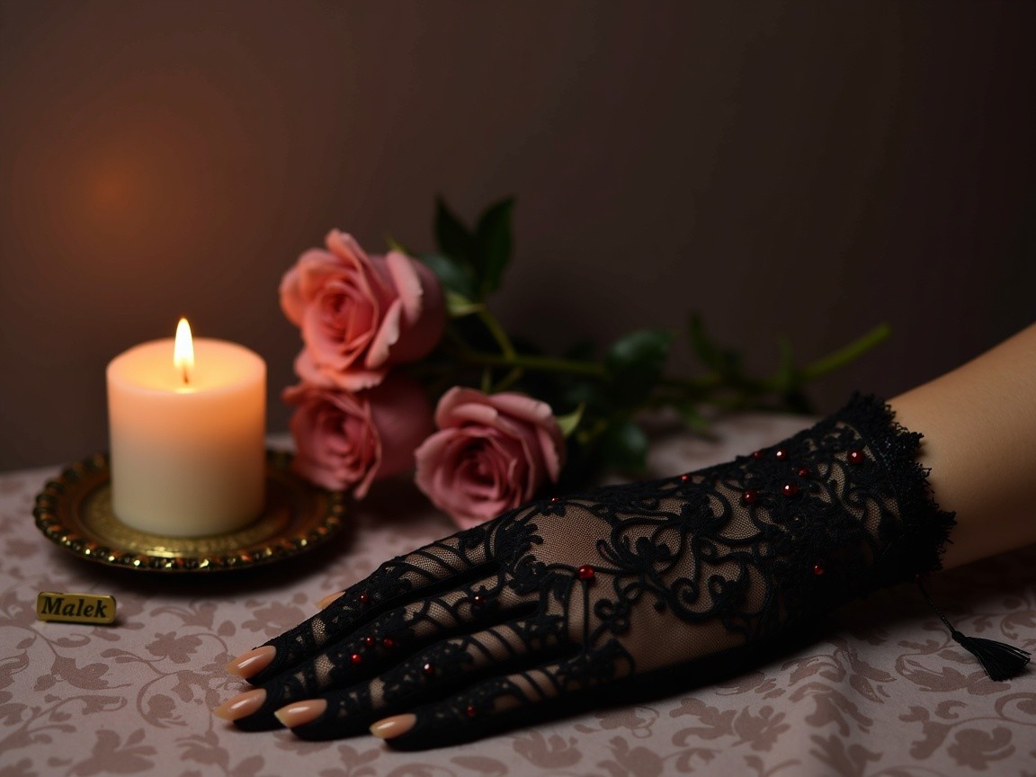 Black Lace Glove with Red Beads and Pink Roses