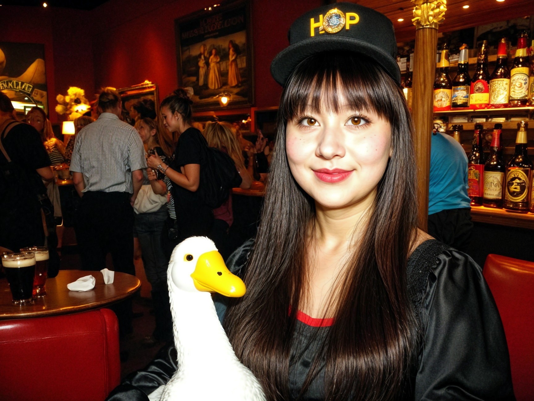 Young Woman with Rubber Duck in Pub Setting