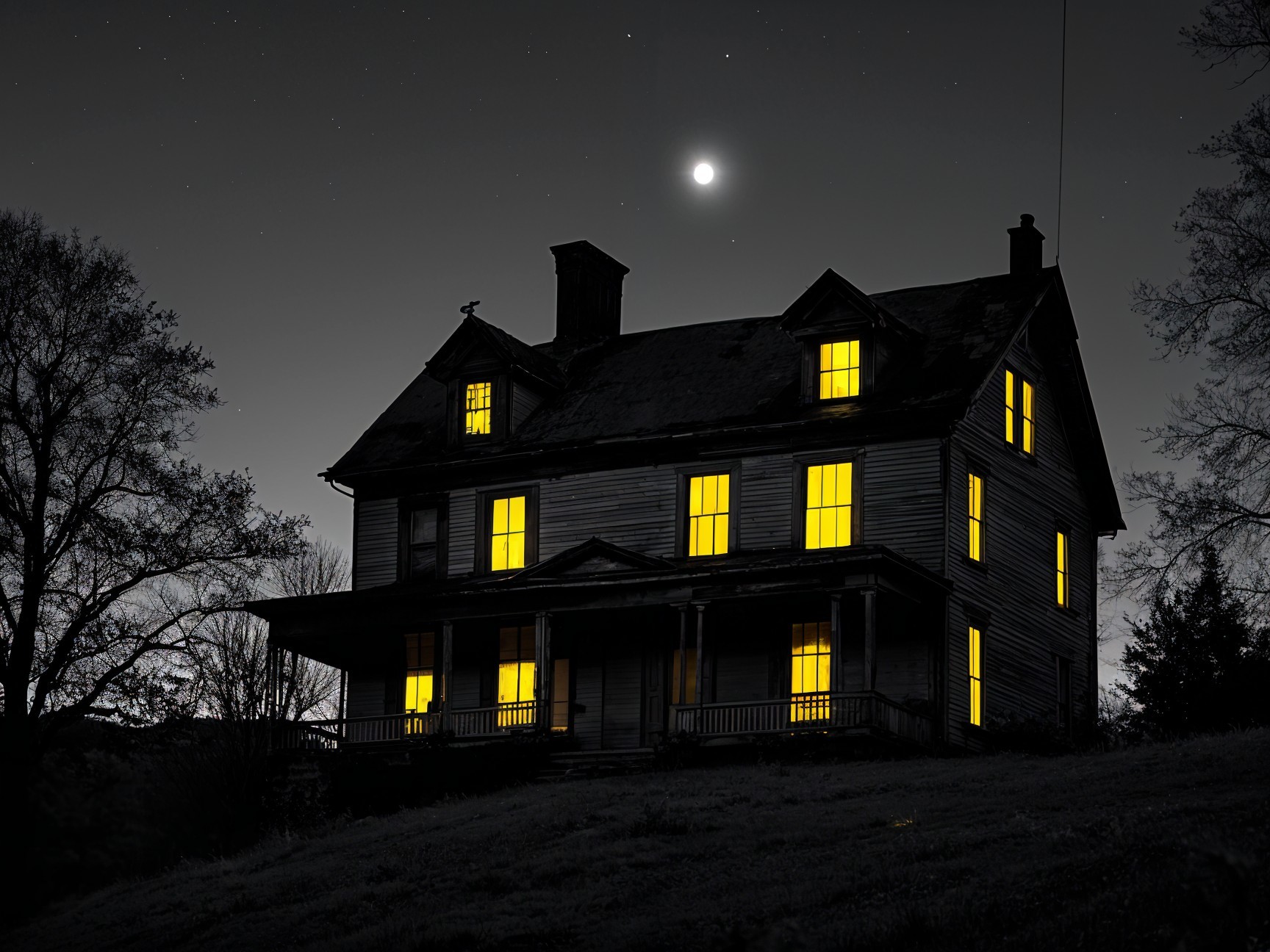 Old House Under Dark Sky with Glowing Windows