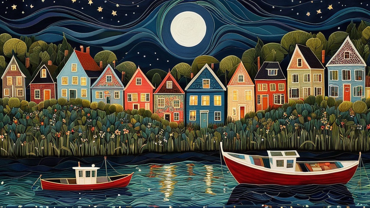 Charming Waterfront Night Scene with Colorful Houses
