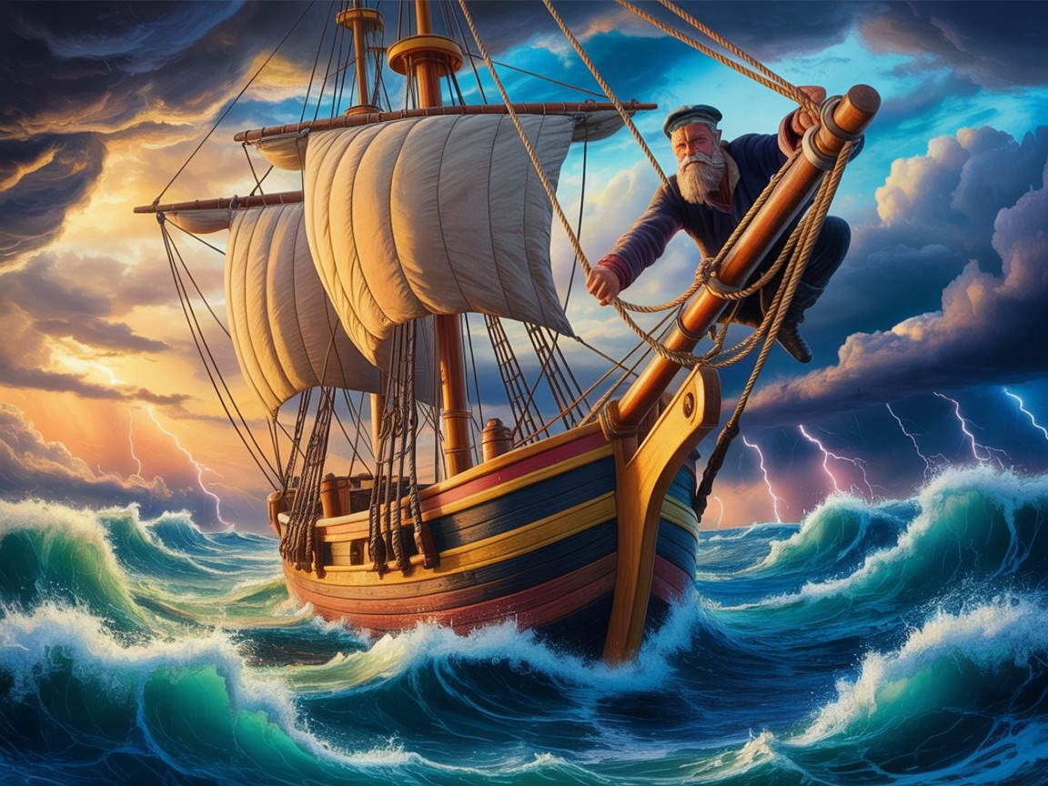 Majestic sailing ship braves stormy seas and skies