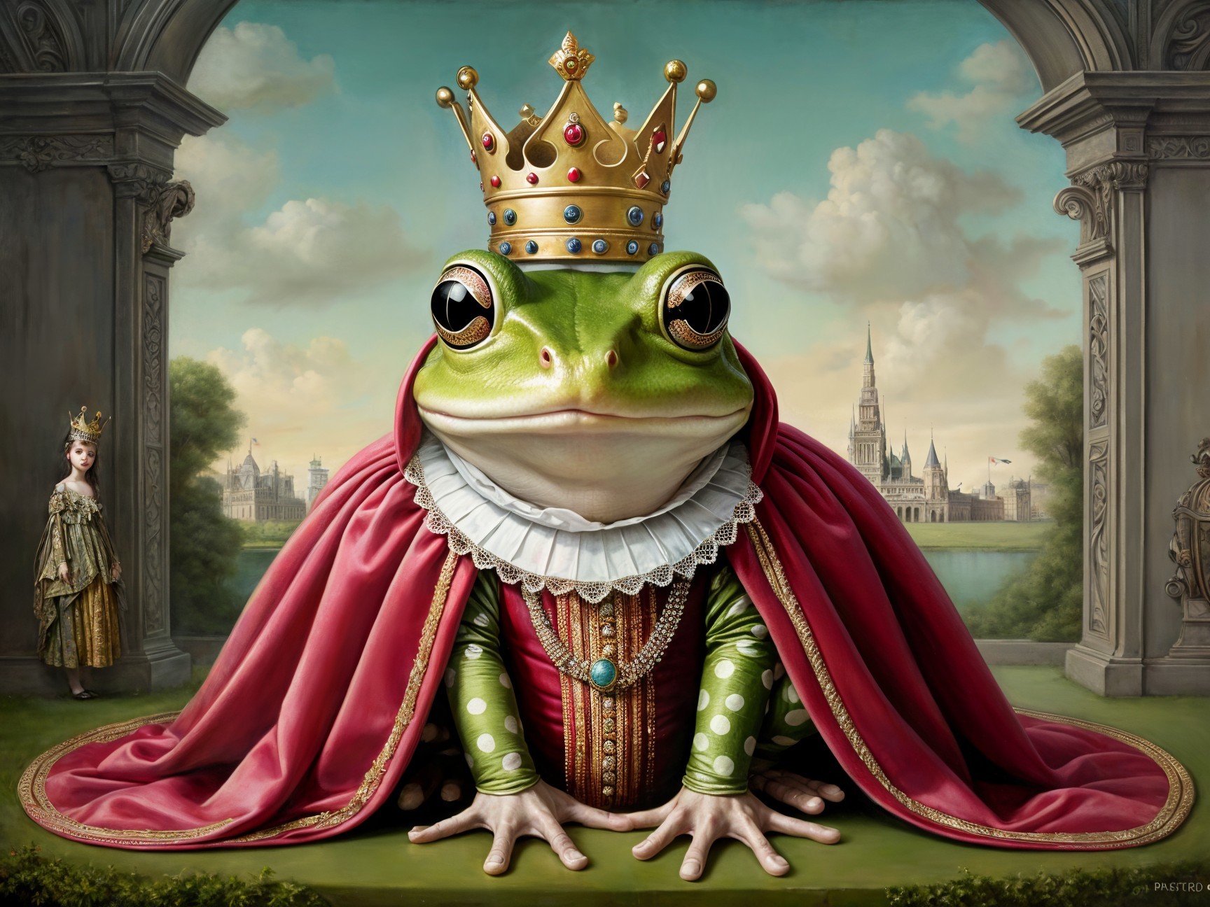 Regal Frog on Throne with Ornate Attire and Landscape