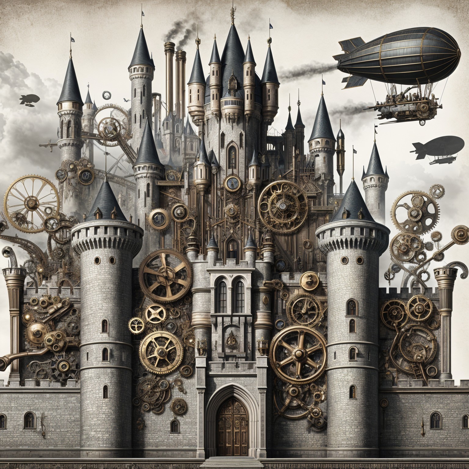 Medieval and Steampunk Castle with Airships and Gears