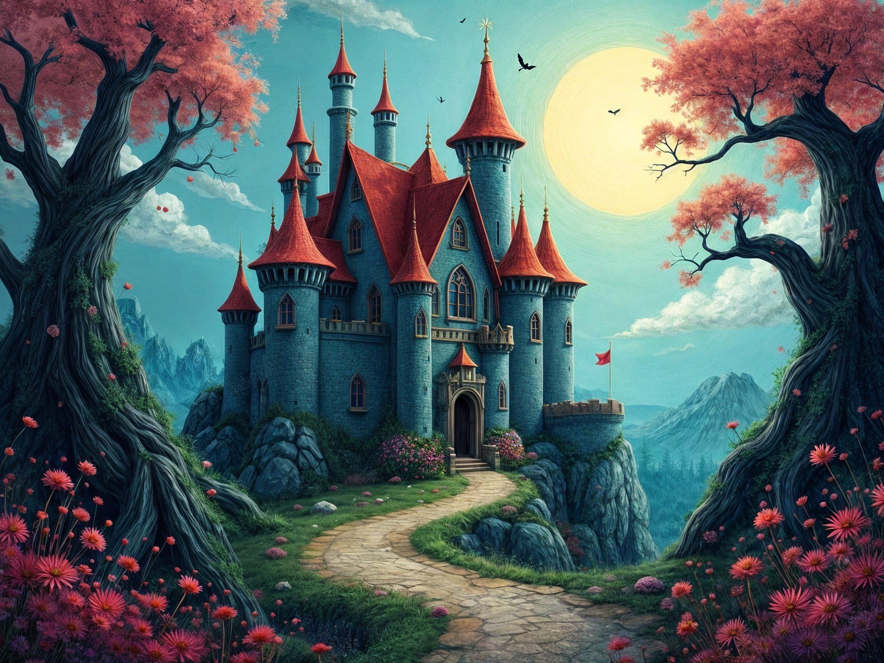 Majestic castle on a hill with vibrant surroundings