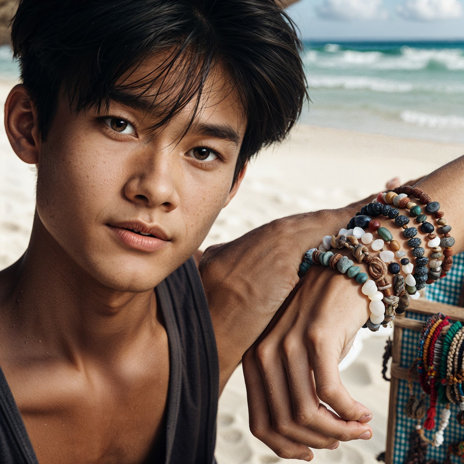 Young man with bracelets at a serene beach scene