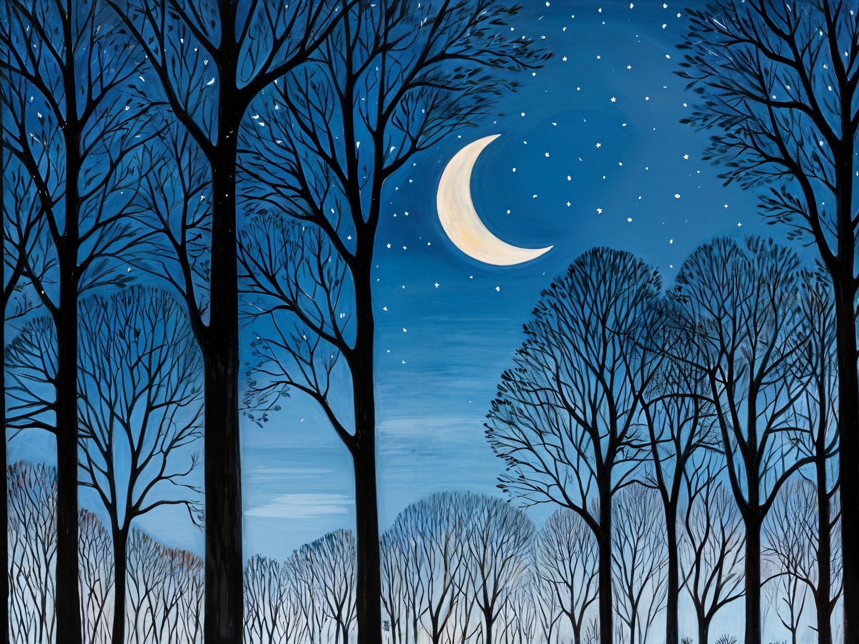 Serene Night Scene with Silhouetted Trees and Moon