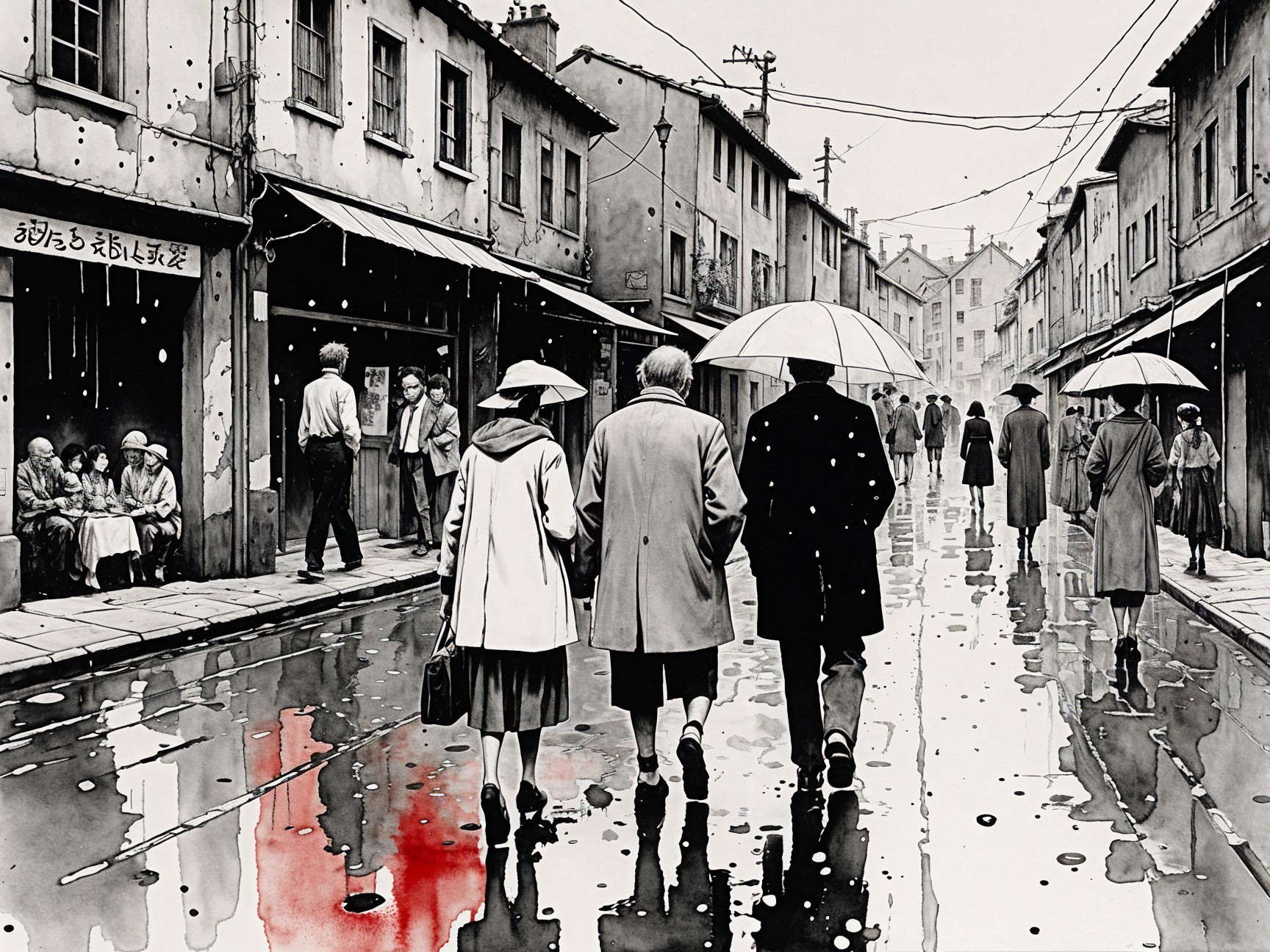 Rainy Street Scene with Couples and Reflections