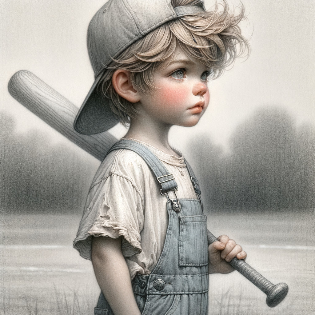 Child with Baseball Bat in Nostalgic Landscape