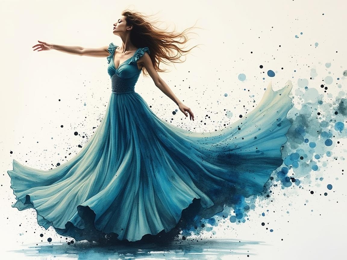 Elegant Woman in Flowing Blue Dress with Paint Splashes