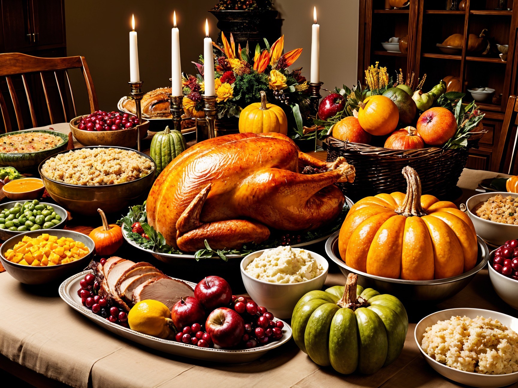 Thanksgiving Table with Roasted Turkey and Dishes