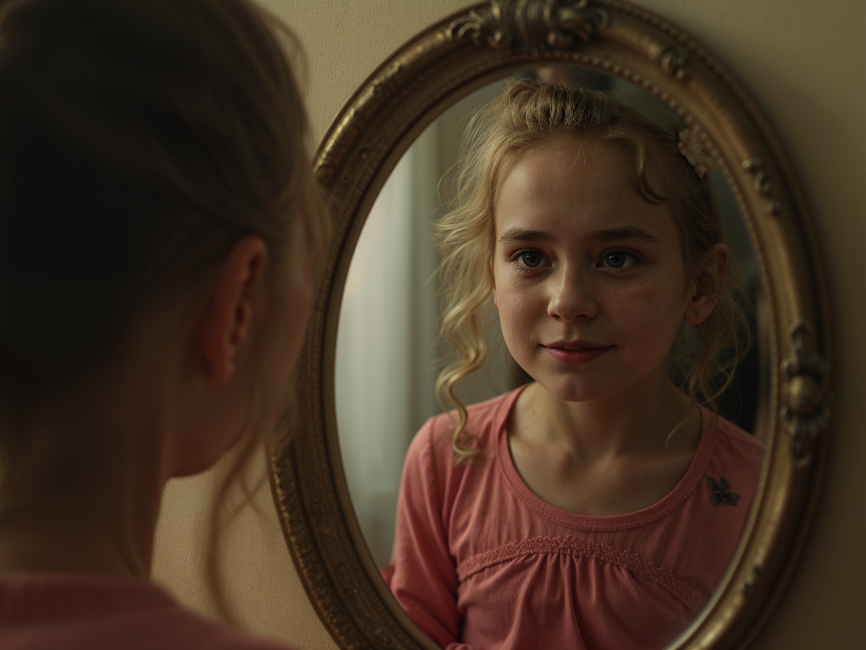 Young girl with curly hair gazes into ornate mirror
