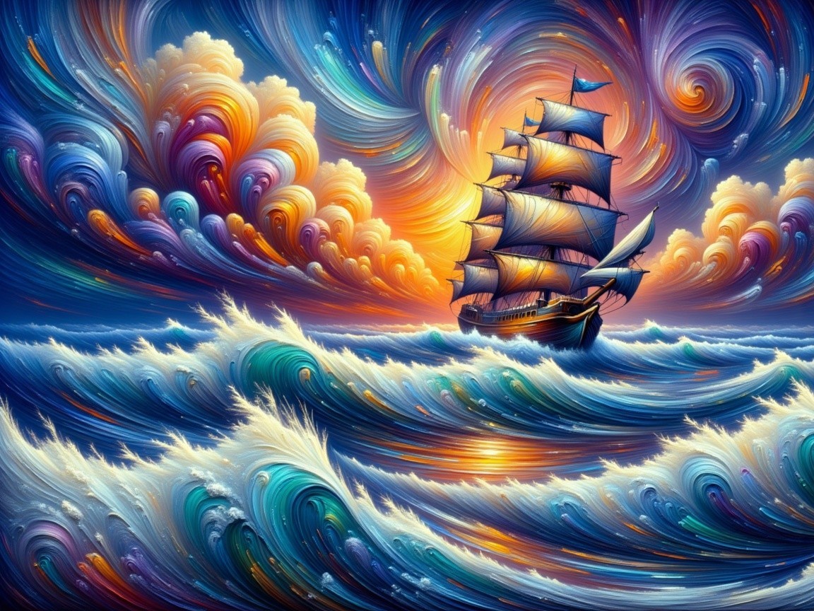 Majestic sailing ship on vibrant swirling waves