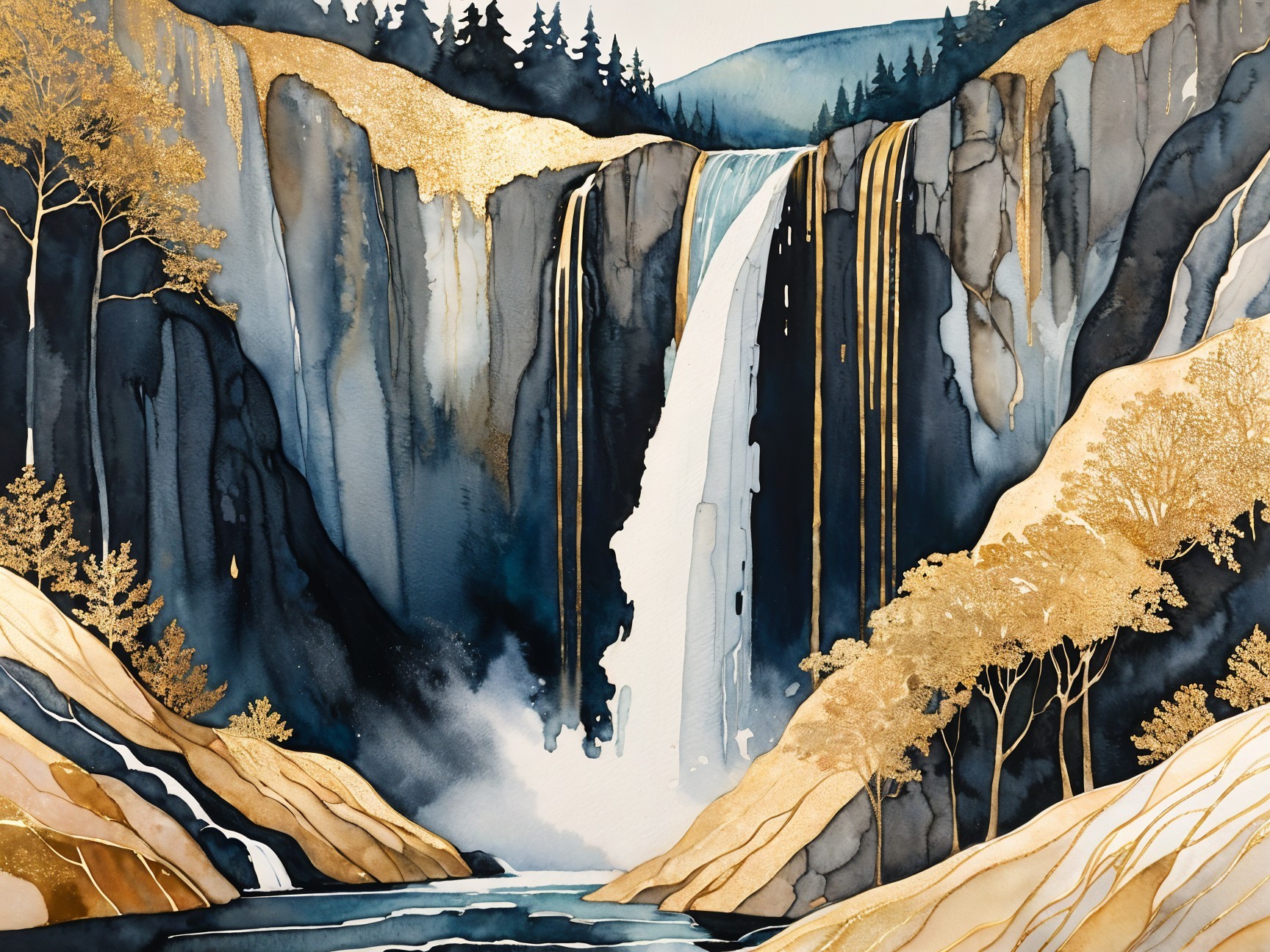 Majestic Waterfall in Watercolor with Gold Accents