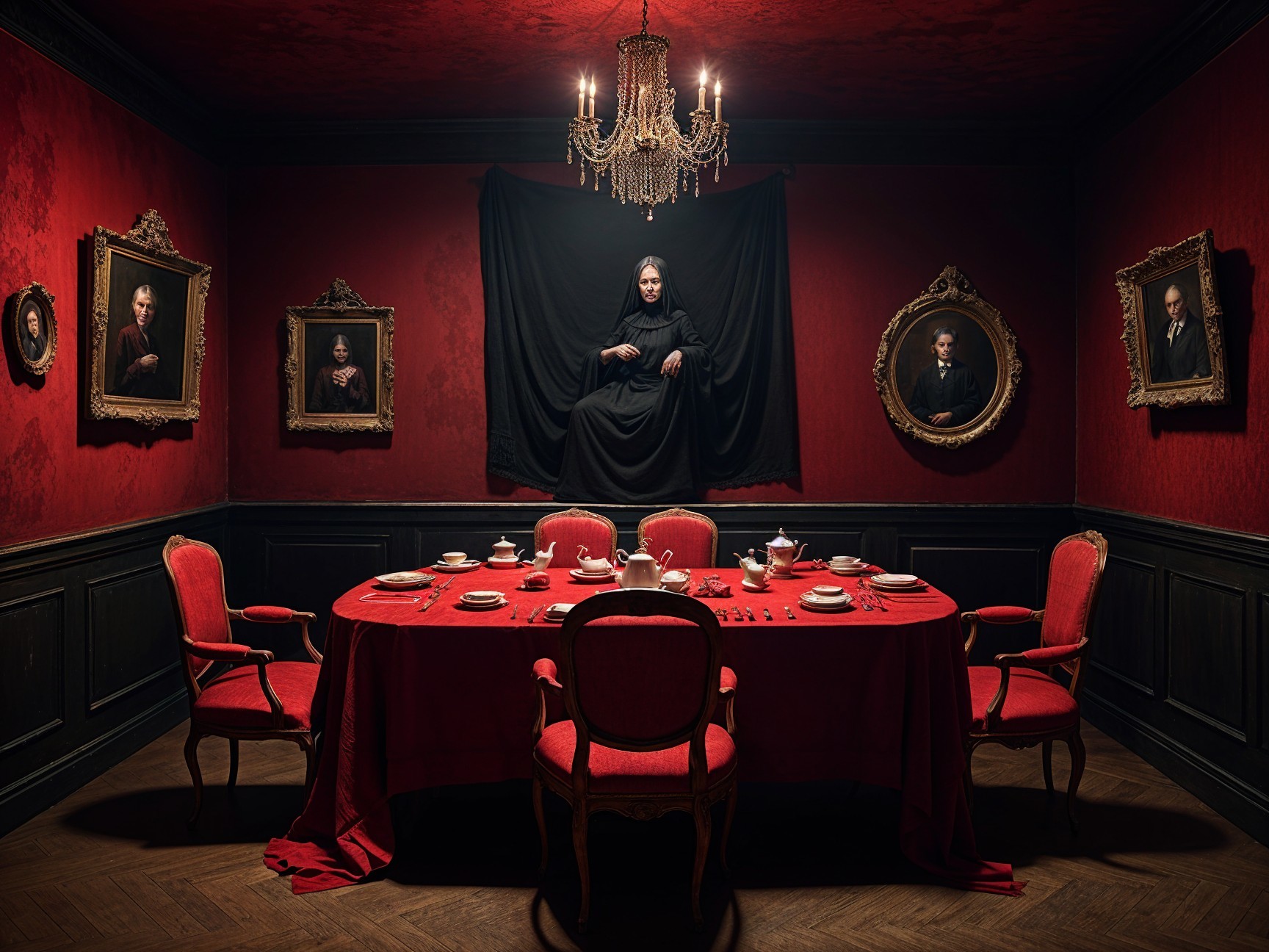 Opulent dining room with red tones and elegant decor