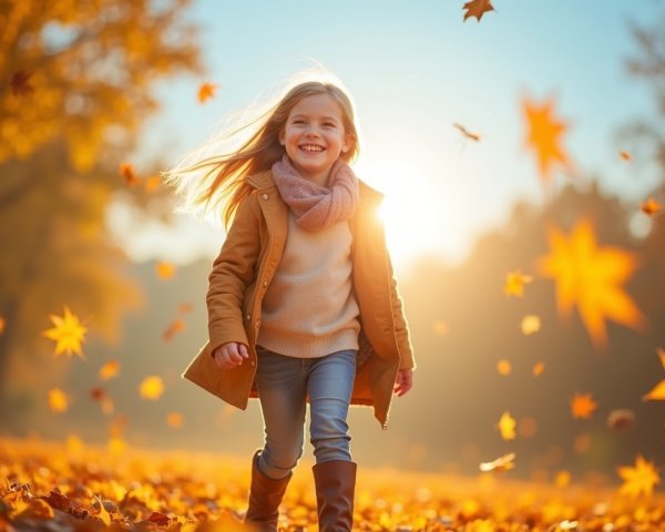Young girl in vibrant autumn landscape with leaves