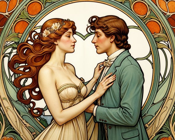 Romantic Art Nouveau Scene with Couple and Floral Patterns