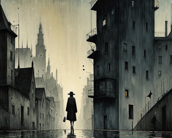 Mysterious Urban Scene with Solitary Figure and Briefcase