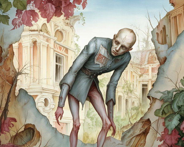 Surreal Figure in Tattered Uniform Amidst Decay