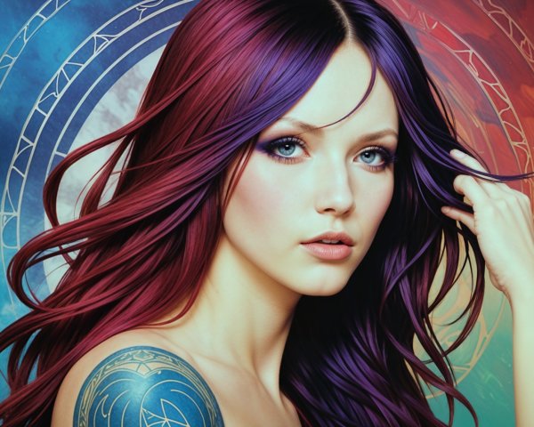 Young woman with purple hair and striking tattoos