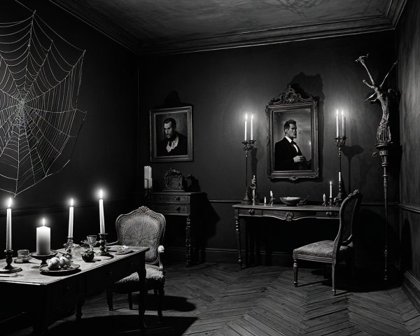 Elegant Dimly Lit Room with Antique Furniture and Shadows