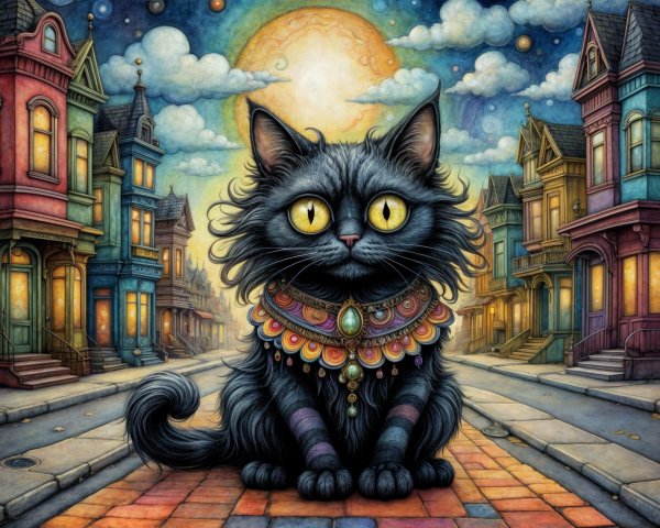 Fluffy black cat with yellow eyes in whimsical street
