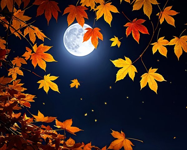 Full Moon Over Dark Blue Sky with Autumn Leaves