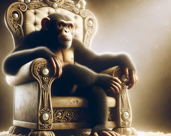 Regal Chimpanzee on Ornate Throne in Majestic Setting