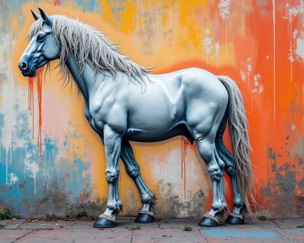 Life-sized gray horse mural on vibrant orange wall