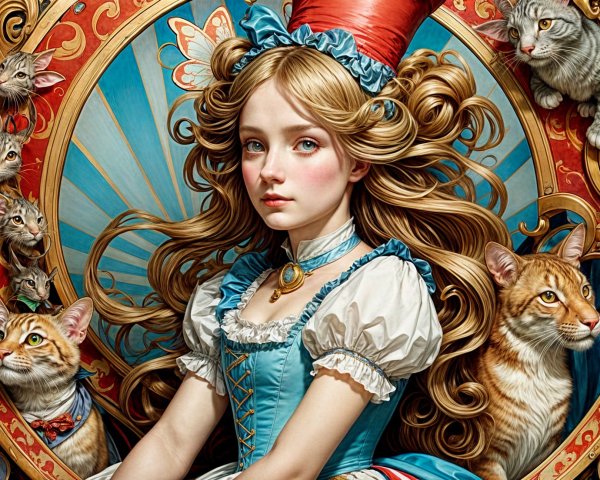 Whimsical Artwork of Girl Surrounded by Cats