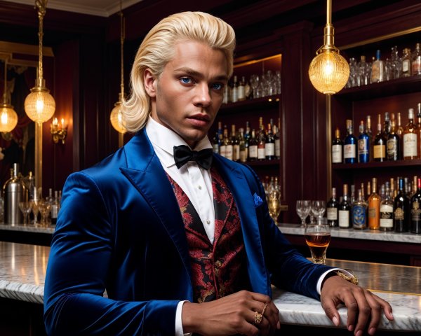 Young man in blue velvet tuxedo at upscale bar