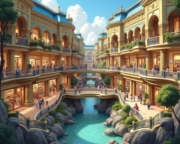 Luxury Shopping Plaza with Elegant Architecture and Waterway
