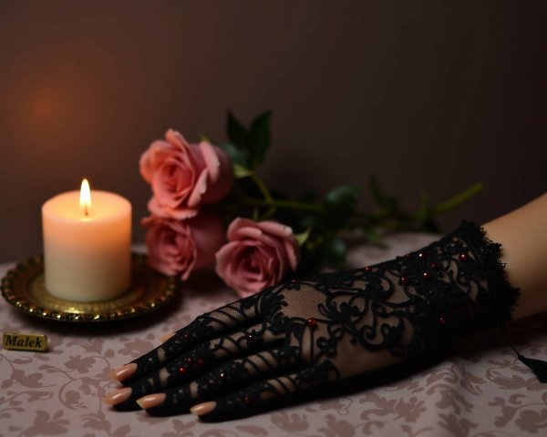 Black Lace Glove with Red Beads and Pink Roses