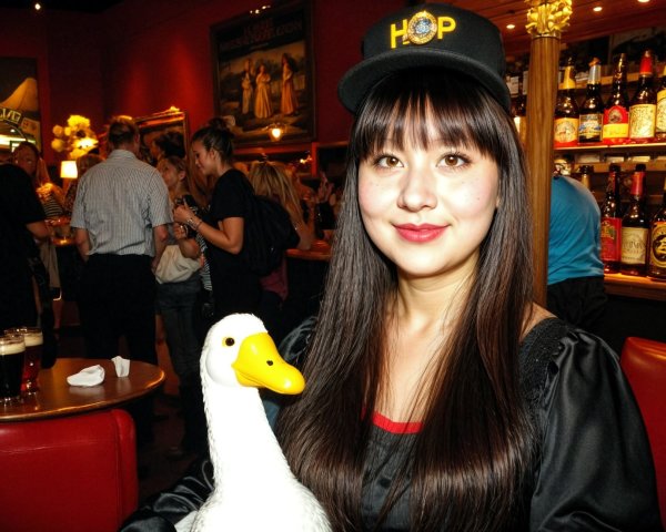Young Woman with Rubber Duck in Pub Setting
