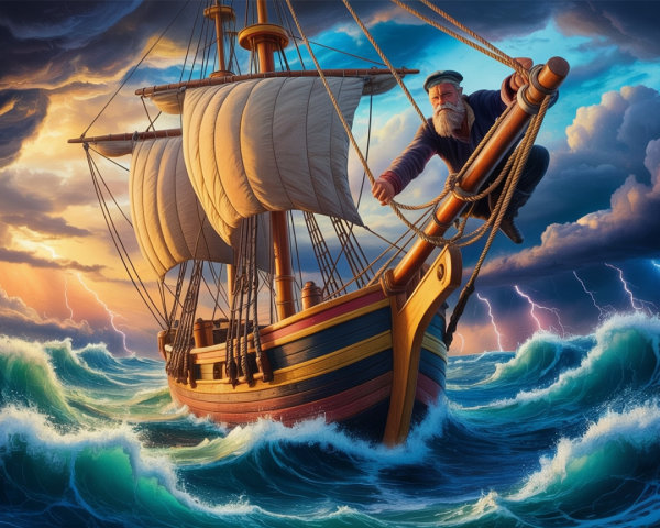 Majestic sailing ship braves stormy seas and skies