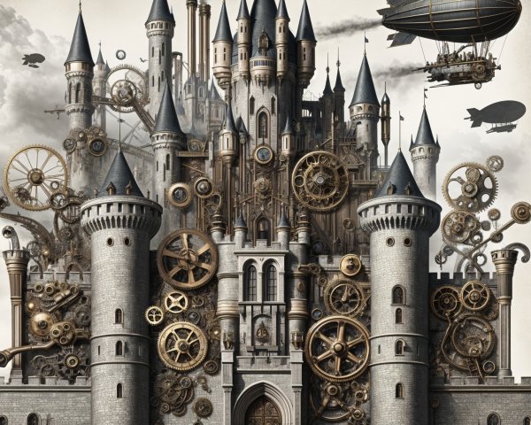 Medieval and Steampunk Castle with Airships and Gears