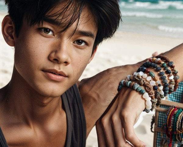 Young man with bracelets at a serene beach scene