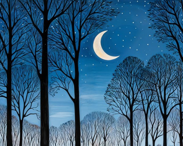 Serene Night Scene with Silhouetted Trees and Moon
