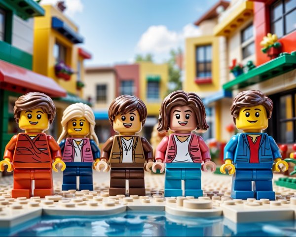 Colorful LEGO Figures on Cobblestone Street Scene