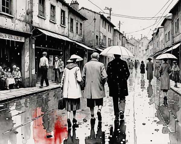 Rainy Street Scene with Couples and Reflections