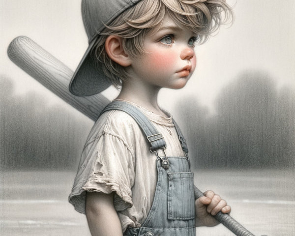 Child with Baseball Bat in Nostalgic Landscape