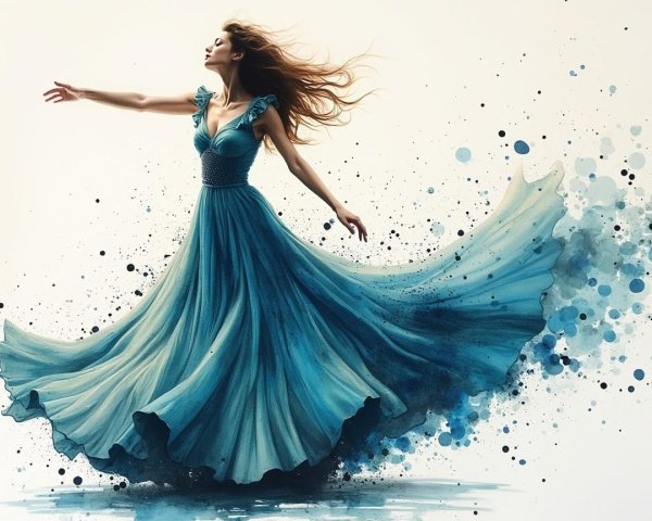 Elegant Woman in Flowing Blue Dress with Paint Splashes