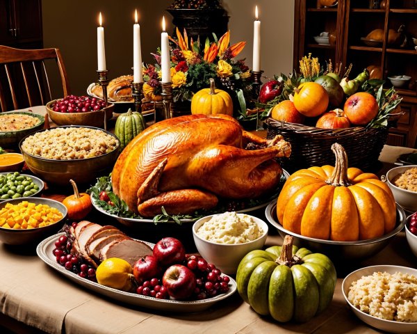 Thanksgiving Table with Roasted Turkey and Dishes