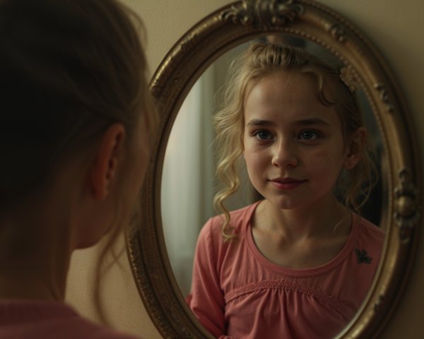 Young girl with curly hair gazes into ornate mirror