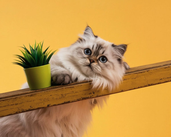 Fluffy White Cat with Blue Eyes on Yellow Background
