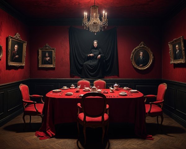 Opulent dining room with red tones and elegant decor