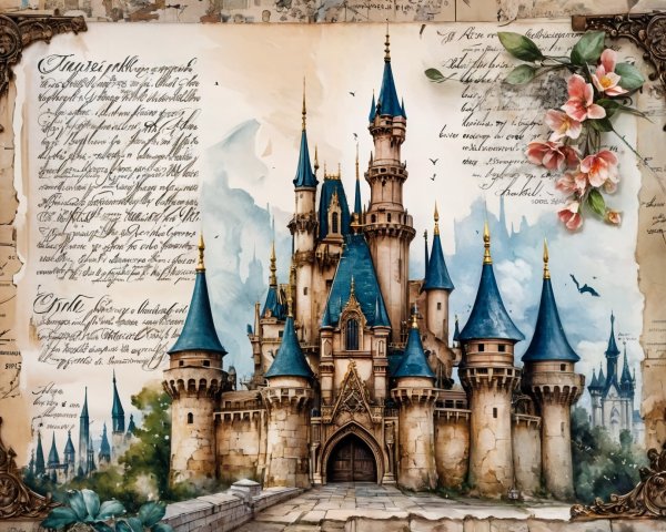 Majestic fairytale castle with blue spires and flowers