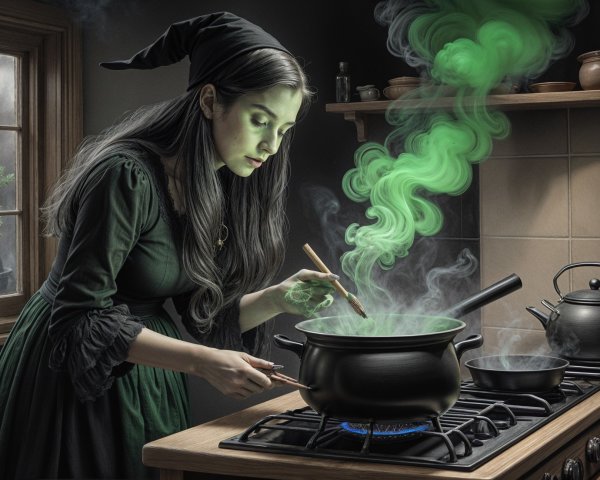 Young woman in witch costume stirring cauldron in kitchen
