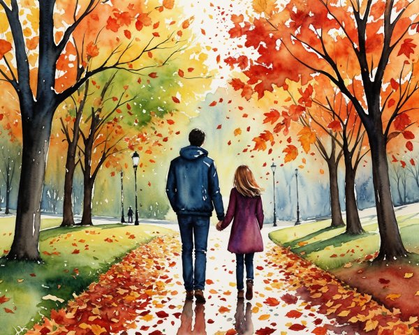Couple Walking on Scenic Autumn Path with Vibrant Leaves